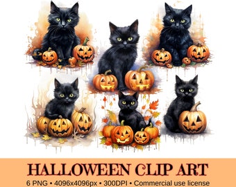 ClipArt Halloween Cats & Pumpkins, 6 PNG Files, Pastel Watercolor art, Sublimation Design, Instant Digital Download, Bundle COMMERCIAL USE