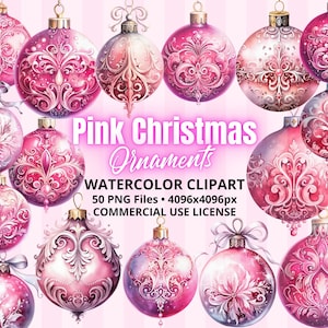 ClipArt Pink Christmas Ornaments Bundle 50 PNG Files, Pastel Watercolor, Sublimation Design, Instant Digital Download, Free COMMERCIAL USE