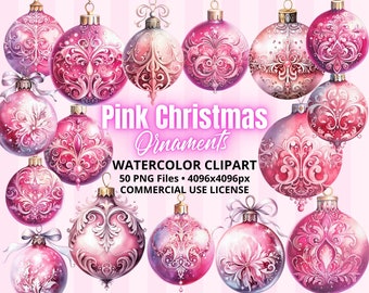 ClipArt Pink Christmas Ornaments Bundle 50 Fichiers PNG, Aquarelle pastel, Conception de sublimation, Téléchargement numérique instantané, UTILISATION COMMERCIALE gratuite