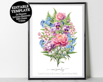 Personalized Gift Watercolor Birth Month Flower Bouquet, Editable Template, Mothers Day Gift, Customized Birthday Gift, Printable Wall Art