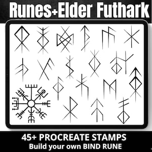 Könnte beinhalten: Ein digitaler Tablet-Bildschirm zeigt über 45 Procreate-Stempel von Elder Futhark-Runen, einem Satz von 24 alten germanischen Buchstaben. Der Text "Runes+Elder Futhark" und "45+ PROCREATE STAMPS" ist auf dem Bildschirm sichtbar. Der Text "Build your own BIND RUNE" ist ebenfalls auf dem Bildschirm sichtbar.