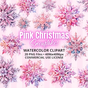 ClipArt Pink Christmas Snowflakes 20 PNG Files, Pastel Watercolor art, Sublimation Design, Instant Digital Download, Bundle COMMERCIAL USE