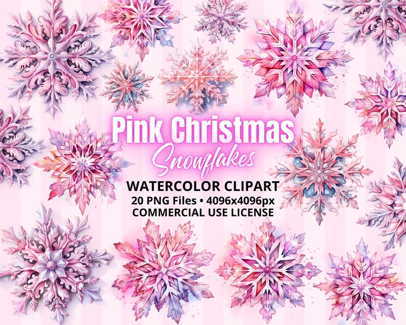 Clipart Pink Christmas Snowflakes 20 PNG Files, Pastel Watercolor Art ...