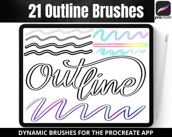 May include: 21 Outline Brushes for the Procreate app. The image shows a digital tablet screen with a variety of black and white outline brushes, as well as colorful gradient brushes. The word "outline" is written in a large, stylized font.