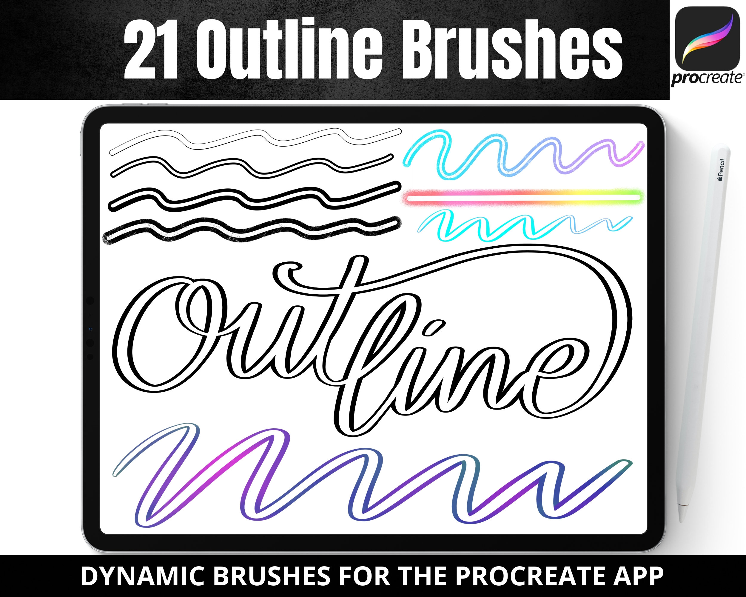 Procreate Brushes Outline Lettering, 21 Dynamic Colors Brush Pack