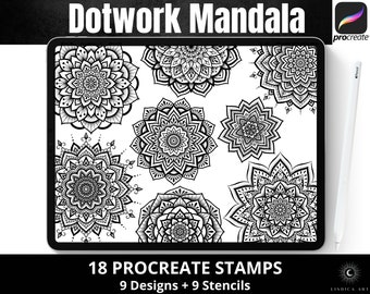 Procreate Mandala Stamp Brushes Bundle – Ornamental Dotwork Tattoo Design and Stencils, Digital Brush set for iPad, Instant Download