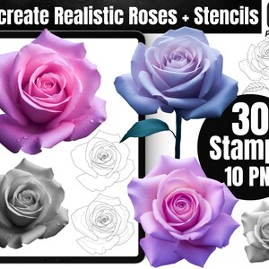 Procreate Stamp Brushes Realistic Rose Flowers, Tattoo Stencil Designs ...
