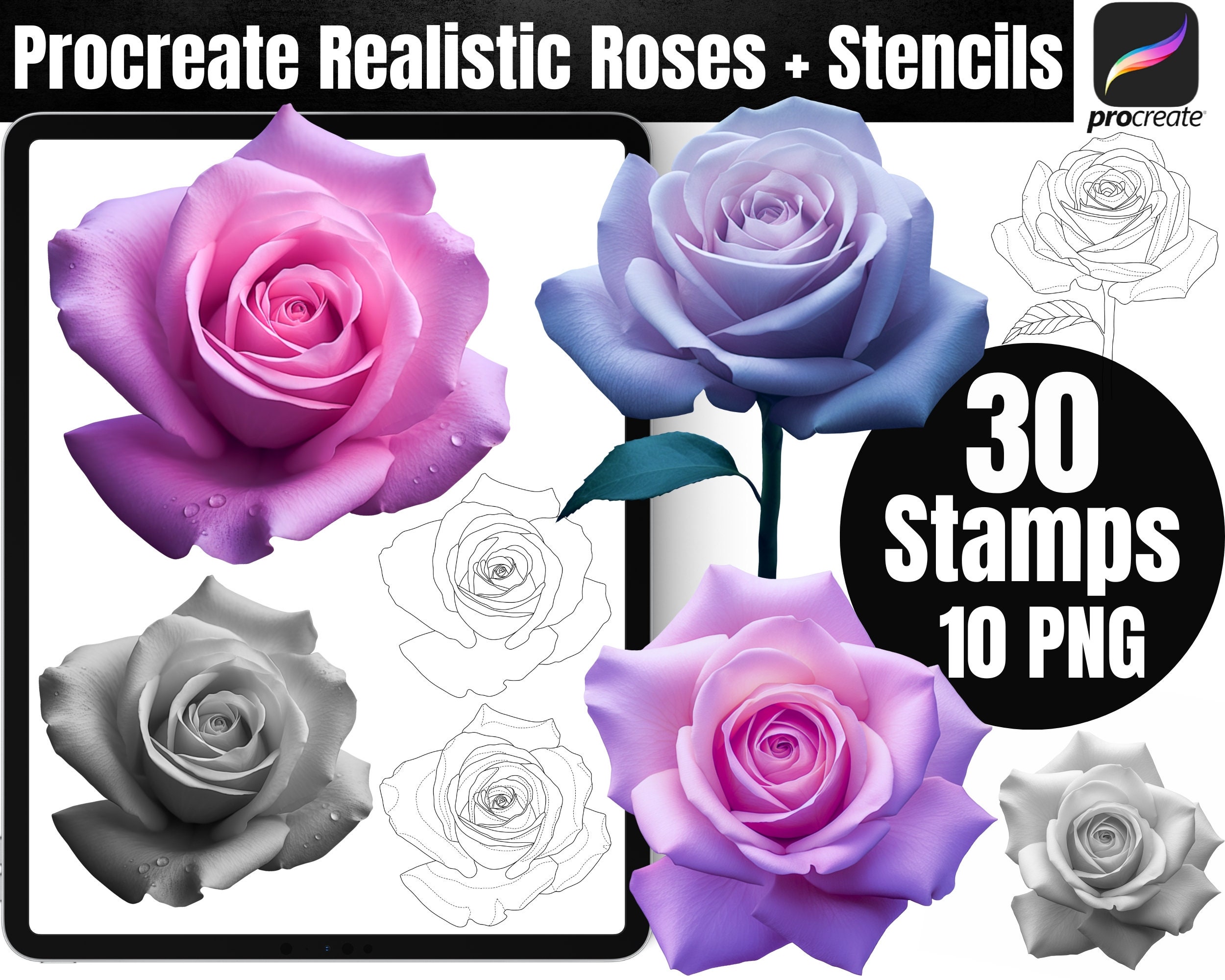 Procreate Stamp Brushes Realistic Rose Flowers Tattoo Stencil - Etsy