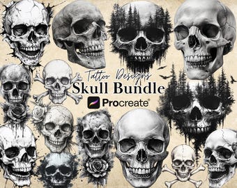 May include: A collection of 12 black and white skull tattoo designs for Procreate. The skulls are drawn in a realistic style with intricate details. Some skulls have trees growing out of them, while others have flowers or crossbones.