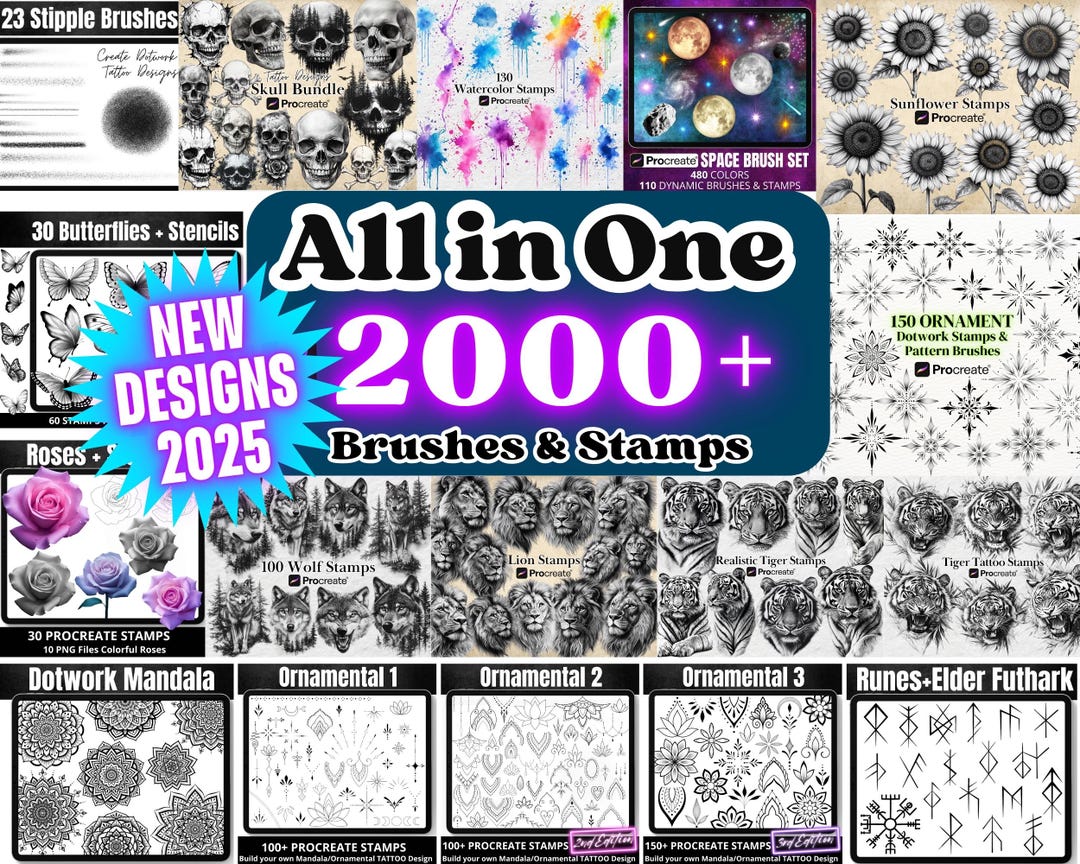 Procreate All in One BUNDLE 2000+ Stamp Brushes, Mandala Ornamental ...
