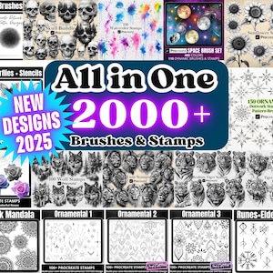 Pakiet Procreate All In One: ponad 2000 pędzli do stempli, wzór tatuażu z mandalą i ozdobnym kwiatem, dynamiczny pędzel akwarelowy, cały zestaw
