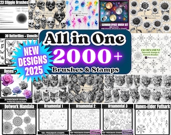 Procreate All In One BUNDLE 2000+ Stamp Brushes, Mandala Ornamental Flower Animal Tattoo Design, Dynamic Watercolor Brush, Whole Shop Bundle