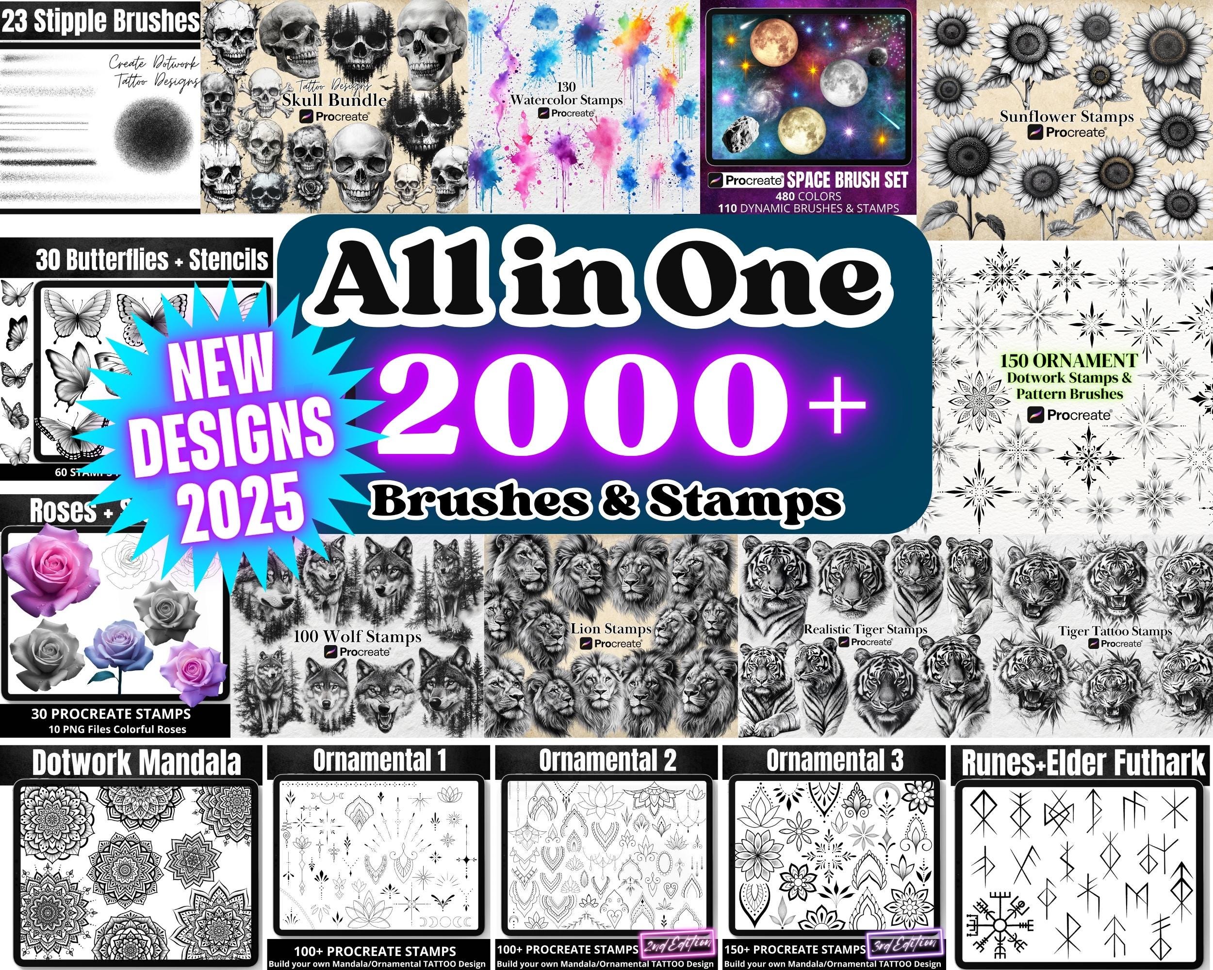 Mega Bundle todo en uno para Procreate: más de 2000 pinceles sello, mandala, floral, animal y tatuaje + acuarela dinámica, lettering y textura