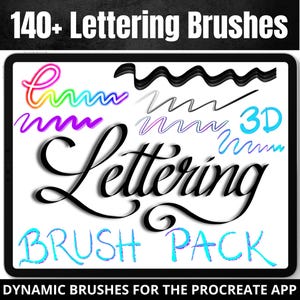 Può includere: Lo schermo di un tablet digitale mostra una collezione di oltre 140 pennelli per la calligrafia per l'app Procreate. Lo schermo mostra una varietà di tratti di pennello in diversi colori e stili, tra cui la calligrafia 3D. Il testo "Lettering Brush Pack" è visualizzato sullo schermo.