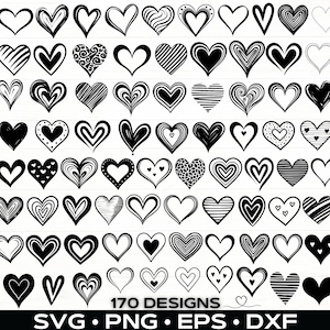 Doodle coeurs SVG gros lot, ClipArt Saint-Valentin PNG, motifs par sublimation, fichiers de coupe pour Cricut, Silhouette, DXF, vecteur Svg coeur dessiné à la main