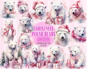 ClipArt Pink Christmas Polar Bears, 20 PNG Files, Pastel Watercolor art, Sublimation Design, Digital Download, Bundle COMMERCIAL USE