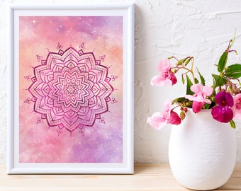 Printable Wall Art Mandala, Yoga Poster, Boho Art Print, Digital Prints, Mandala Wall Art Printable, Downloadable Art, Pink Mandala Painting