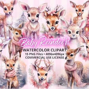 ClipArt Pink Christmas Baby Reindeers, 15 PNG Files Bundle, Pastel Watercolor art, Sublimation Design, Digital Download, Free COMMERCIAL USE
