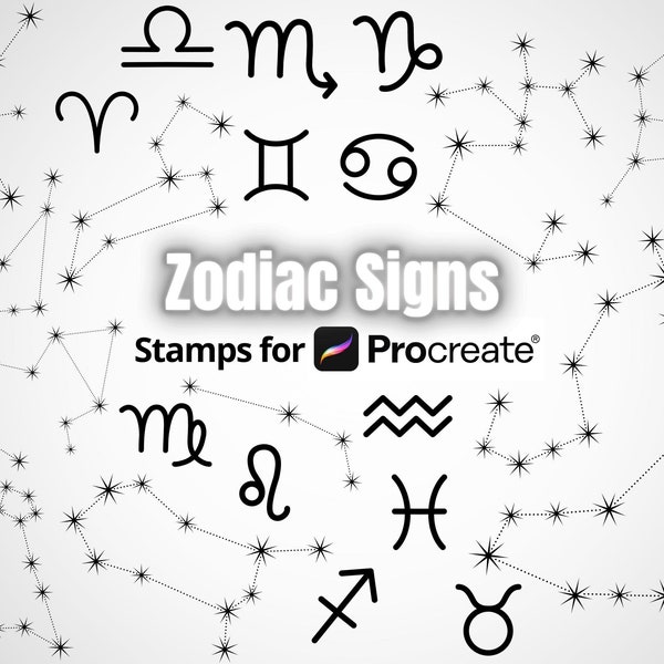 Procréer les signes du zodiaque et les constellations d’étoiles, pinceau de timbre procréer, conception de pochoir de tatouage, ensemble de timbres horoscope pour l’application Procreate