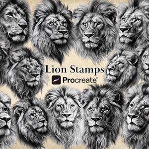 Könnte beinhalten: Ein Set mit 10 schwarzen und weißen Löwen-Stempeln, die verschiedene Löwen-Posen zeigen, mit dem Text "Lion Stamps" und dem Procreate-Logo.