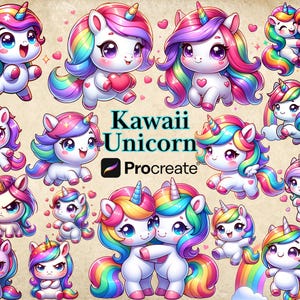 May include: A collection of colorful Kawaii unicorn illustrations with rainbow manes and tails. The unicorns have various expressions and poses, with hearts and rainbows. The text "Kawaii Unicorn Procreate" is also visible.