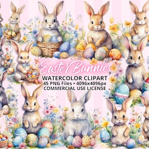 Coniglietti pasquali dell'acquerello ClipArt BUNDLE 45 file PNG, coniglietto carino pasquale con fiori e uova di Pasqua, clipart primaverili, disegni di sublimazione