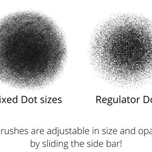 May include: Two black circles of dots, one with mixed dot sizes and one with regular sized dots. The text below the circles reads "Mixed Dot sizes" and "Regulator Dots". The text below the dots reads "All brushes are adjustable in size and opacity by sliding the side bar!"