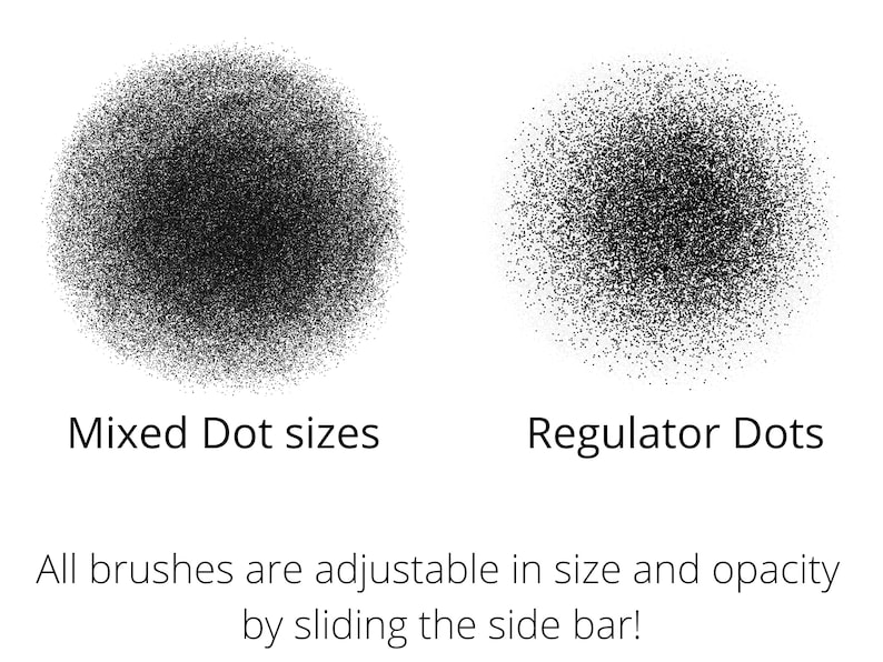 May include: Two black circles of dots, one with mixed dot sizes and one with regular sized dots. The text below the circles reads "Mixed Dot sizes" and "Regulator Dots". The text below the dots reads "All brushes are adjustable in size and opacity by sliding the side bar!"