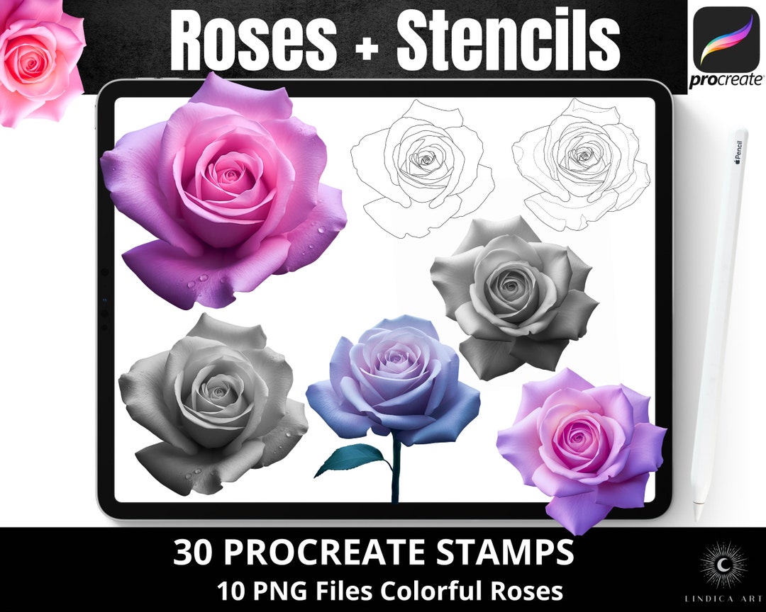 Procreate Stamp Brushes Realistic Rose Flowers, Tattoo Stencil Designs ...