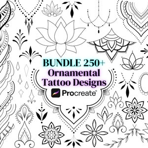 Lot de tampons décoratifs Procreate, Pinceaux numériques, Ornements de dessins de tatouage, Fleurs de mandala, Tatouages art féminin bohème céleste