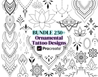 Procreate Ornamental Stamp Set BUNDLE, Digital Brushes, Tattoo Designs Ornaments, Mandala Flowers, Celestial Boho Feminine Line Art Tattoos
