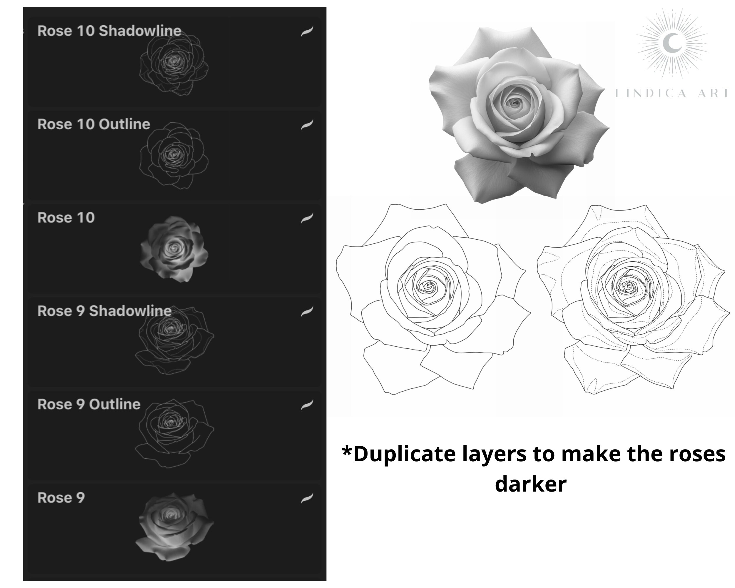 Procreate Stamp Brushes Realistic Rose Flowers, Tattoo Stencil Designs ...