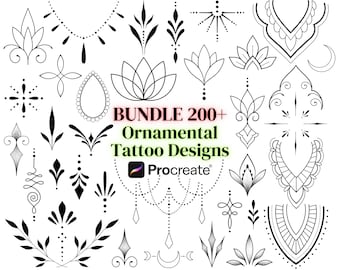 Procreate Ornamental Stamp Set BUNDLE, Digital Brushes, Tattoo Designs stencil, Mandala Flowers, Celestial Boho Feminine Line Art Tattoos