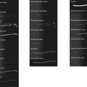 May include: A chart with 12 different brush stroke styles, including dotted, short fade, long fade, fill, black line, and shaded liner. Each style is labeled with a descriptive name.
