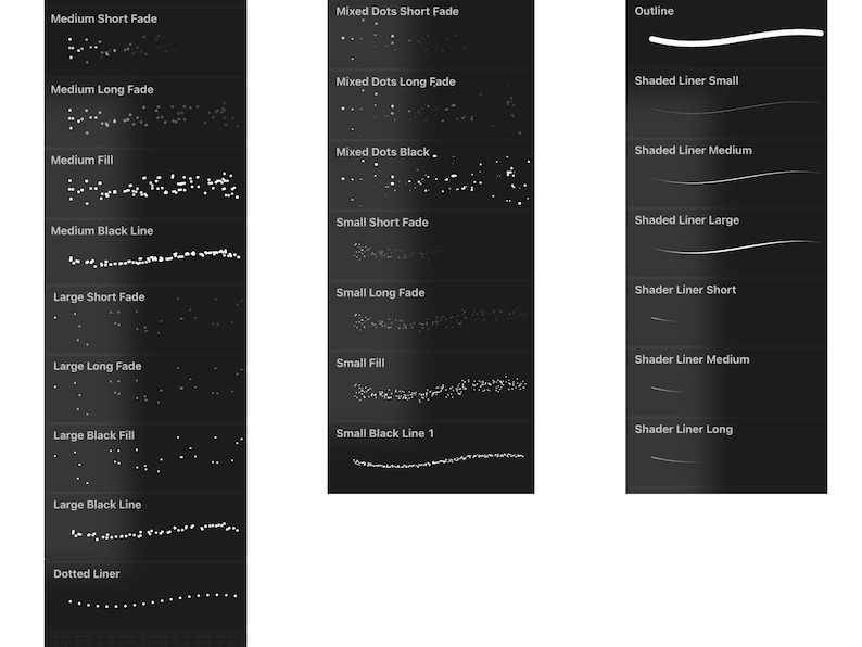 May include: A chart with 12 different brush stroke styles, including dotted, short fade, long fade, fill, black line, and shaded liner. Each style is labeled with a descriptive name.