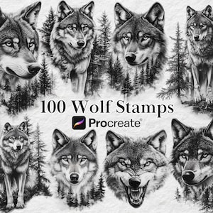 Procreate Wolf Stamps, Realistic Wolves, Realism Wolf Tattoo Designs, Procreate Wildlife Animals, Instant Digital Download Stamp Brushes