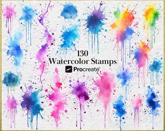 Procreate Watercolor Splash Stamp Brushes BUNDLE, 130 Realistic Watercolor Stamps, Digital Brush, iPad Painting, Commercial Use License