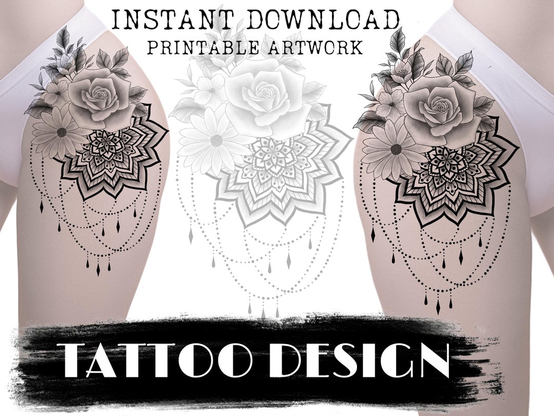 Tattoo Design Mandala and Flowers, Printable Stencil Tattoo Flash ...