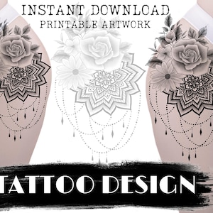 Tattoo Design Mandala and Flowers, Printable Stencil Tattoo Flash, Instant Digital Download Artwork, Tattoo Template