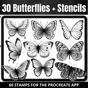 Procreate Butterfly Stamp Brush, 30 Designs of Butterflies +30 Stencils, Tattoo design, Digital Instant Download, Brushes for Procreate App