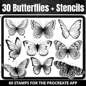 Procreate Butterfly Stamp Brush, 30 ontwerpen van vlinders +30 stencils, tattoo ontwerp, digitale instant download, borstels voor Procreate app