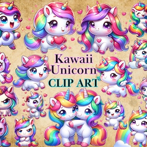 May include: A collection of colorful Kawaii Unicorn clip art illustrations. The unicorns have rainbow manes and tails, with various expressions. The text "Kawaii Unicorn CLIP ART" is displayed in the center of the image.