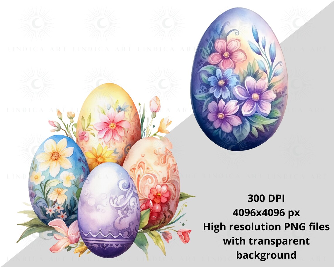 Watercolor Easter Eggs Clipart BUNDLE 70 PNG Files, Painted Floral ...