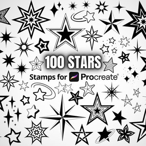 Procreate 100 Star Stamp Brushes, Tattoo Stencil Designs, Stamp set Bundle for the Procreate App, Compass Star, Sparkle & Doodle Stars