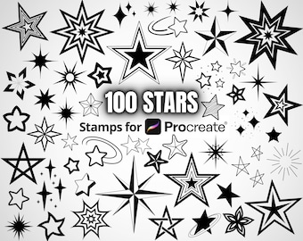 Procreate 100 Star Stamp Brushes, Tattoo Stencil Designs, Stamp set Bundle for the Procreate App, Compass Star, Sparkle & Doodle Stars