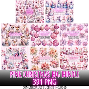 ClipArt Pink Christmas Bundle, 391 PNG Files, Pastel Watercolor art, Sublimation Designs, Instant Digital Download, Bundle COMMERCIAL USE