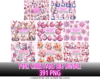 ClipArt Pink Christmas Bundle, 391 PNG Files, Pastel Watercolor art, Sublimation Designs, Instant Digital Download, Bundle COMMERCIAL USE