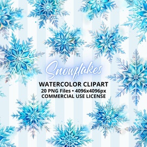 ClipArt Christmas Snowflakes 20 PNG Files, Pastel Watercolor art, Sublimation Design, Instant Digital Download, Bundle Free COMMERCIAL USE
