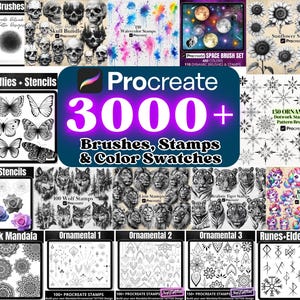 Paquete todo en uno para Procreate: más de 3000 pinceles para sellos, diseño de tatuaje de mandala con flores ornamentales y animales, pincel de acuarela dinámico, paquete completo.