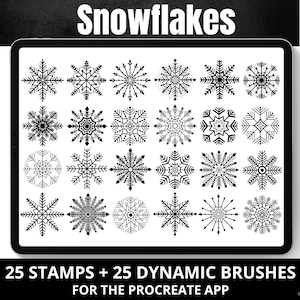 May include: A digital tablet screen displaying 25 black and white snowflake stamps and 25 dynamic brushes for the Procreate app. The text "Snowflakes" is at the top of the screen. The text "25 STAMPS + 25 DYNAMIC BRUSHES FOR THE PROCREATE APP" is at the bottom of the screen.